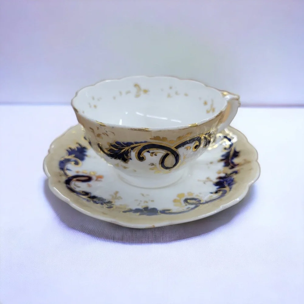 Antique John‎ Ridgway Tea Cup Saucer Cauldon Place Foliage Blue Gilding Acanthus